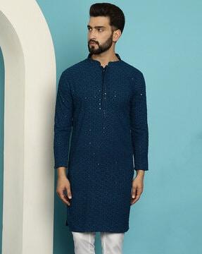 men embellished regular fit kurta with mandarin-collar