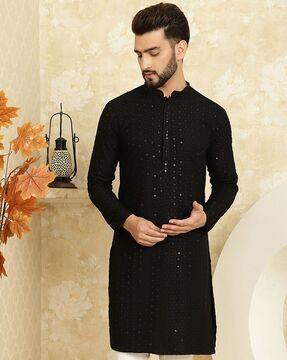 men embellished regular fit long kurta with mandarin collar