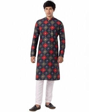 men embellished regular fit long kurta with mandarin collar