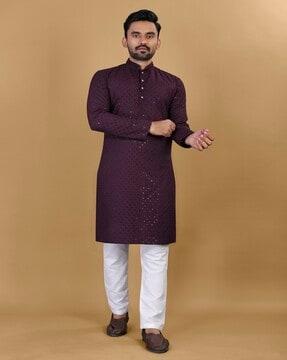 men embellished regular fit long kurta with mandarin collar