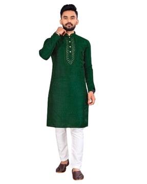 men embellished regular fit long kurta with mandarin collar