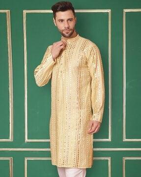 men embellished regular fit long kurta with mandarin collar