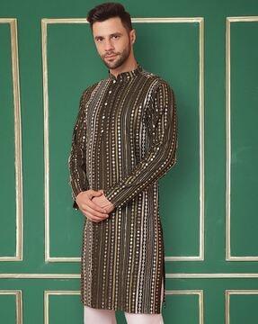 men embellished regular fit long kurta with mandarin collar