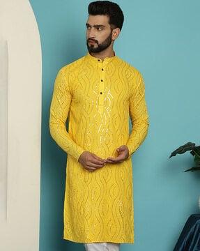 men embellished regular fit long kurta