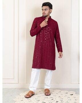 men embellished regular fit long kurta