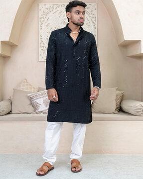 men embellished regular fit long kurta