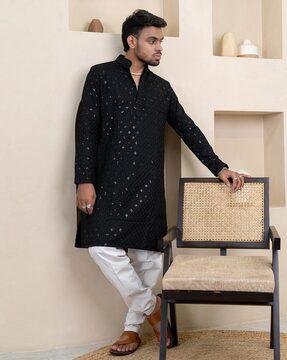 men embellished regular fit long kurta