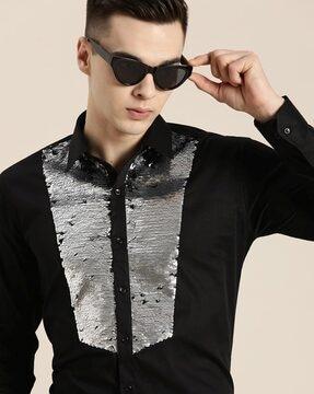 men embellished slim fit tuxedo shirt