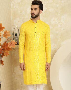 men embroidered regular fit kurta with mandarin-collar