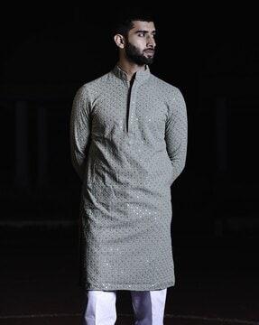 men embroidered regular fit kurta with mandarin-collar