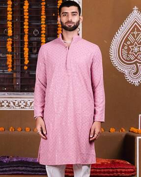 men embroidered regular fit kurta with mandarin-collar