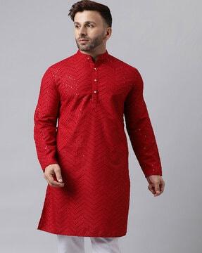 men embroidered regular fit long kurta with band collar