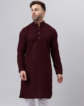 men embroidered regular fit long kurta with band collar