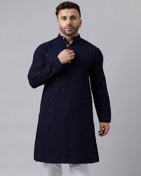 men embroidered regular fit long kurta with band collar