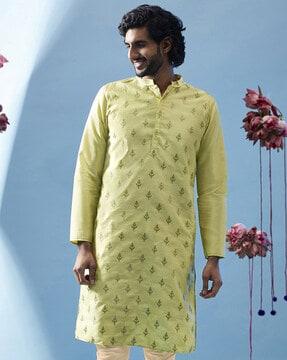 men embroidered regular fit long kurta
