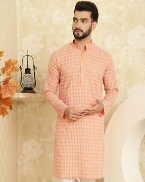 men embroidered regular fit long kurta