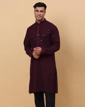 men embroidered regular fit long kurta