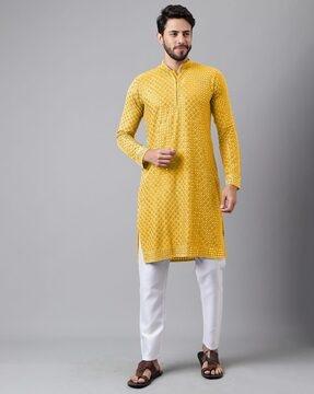 men embroidered regular fit long kurta