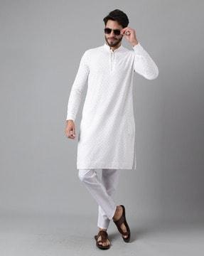 men embroidered regular fit long kurta