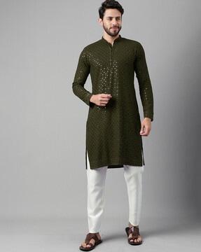 men embroidered regular fit long kurta