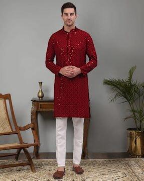 men embroidered regular fit long kurta