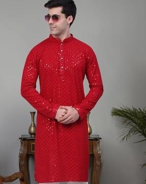 men embroidered regular fit long kurta