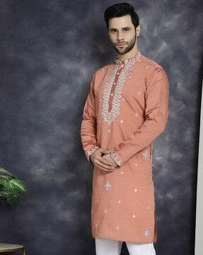 men embroidered regular fit long kurta