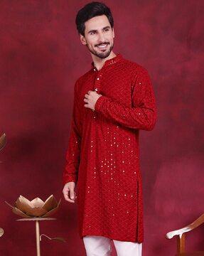 men embroidered regular fit long kurta