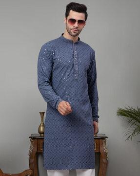 men embroidered regular fit long kurta