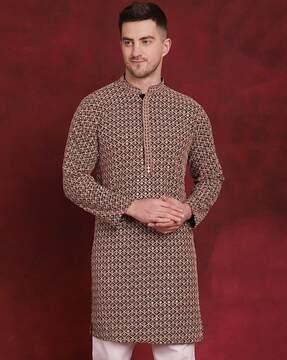 men embroidered regular fit long kurta