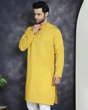 men embroidered regular fit long kurta