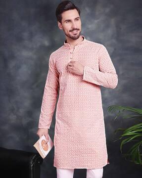 men embroidered regular fit long kurta