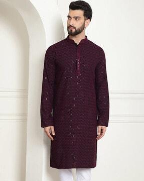 men embroidered regular fit long kurta