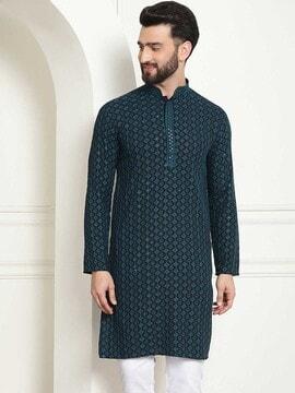 men embroidered regular fit long kurta