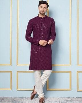 men embroidered regular fit long kurta