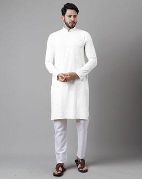 men embroidered regular fit long kurta