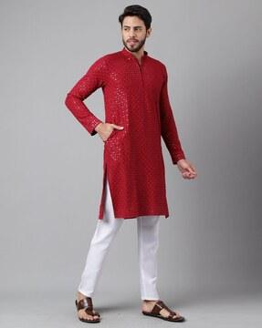 men embroidered regular fit long kurta