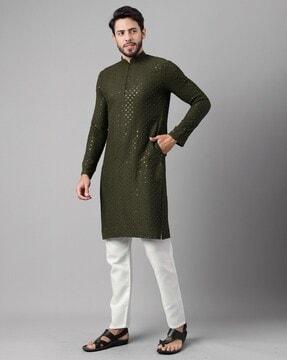 men embroidered regular fit long kurta