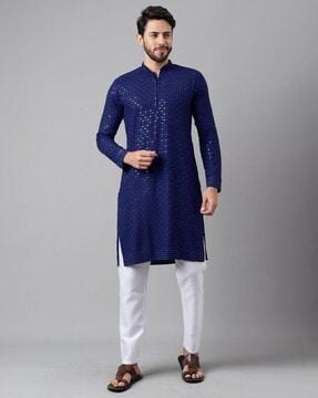 men embroidered regular fit long kurta