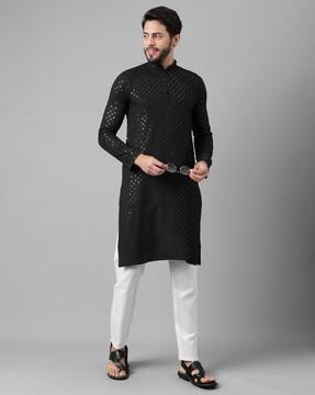 men embroidered regular fit long kurta