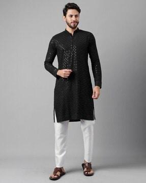 men embroidered regular fit long kurta