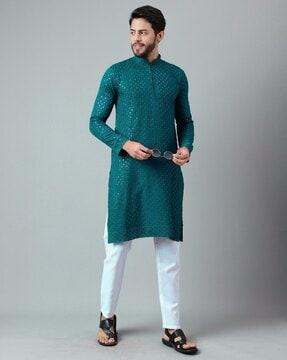 men embroidered regular fit long kurta