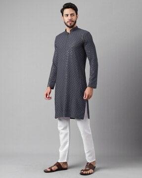 men embroidered regular fit long kurta