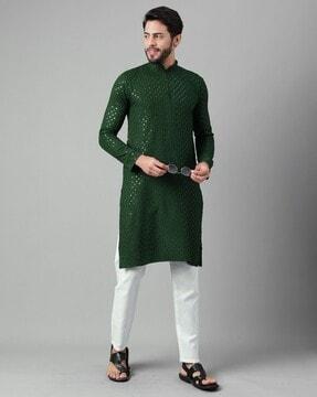 men embroidered regular fit long kurta