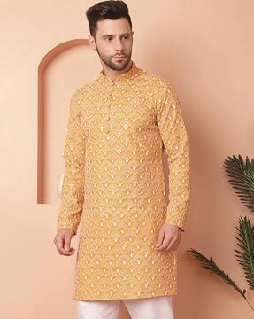 men embroidered regular fit long kurta