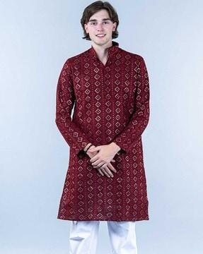 men embroidered regular fit long kurta