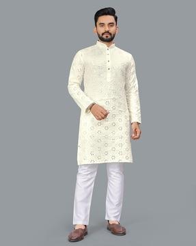 men embroidered regular fit long kurta