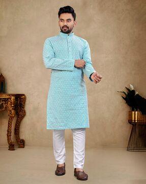 men embroidered regular fit long kurta