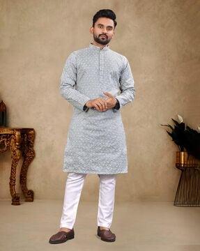 men embroidered regular fit long kurta