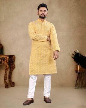 men embroidered regular fit long kurta